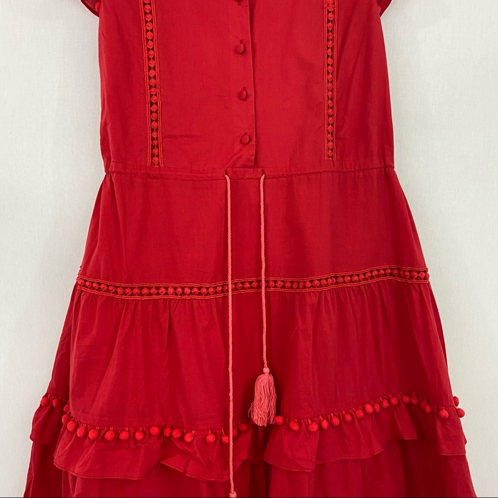 Boutique Large Red Tiered Pom Pom Ruffle Midi Dress - Picture 6 of 12